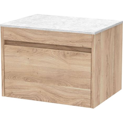 Swainsley Contemporary Wall Hung 1 Drawer Vanity Unit with White Marble Top, 600mm, Bleached Oak