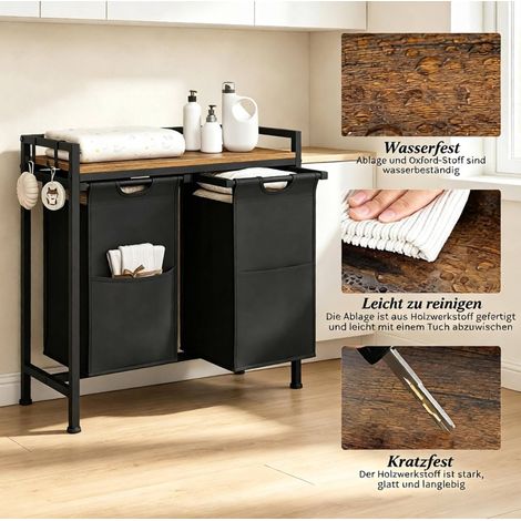 Mobile portabiancheria 70x30x71 cm metallo e legno nero/rustico 2 cesti rimovibili (1/5)