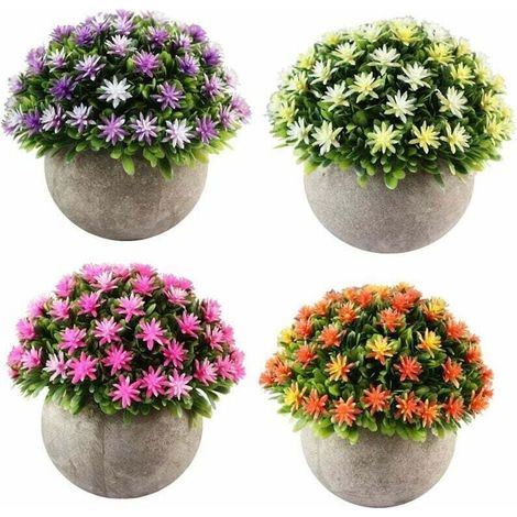 Set di 4 piccole piante di fiori artificiali con vaso, decorazione per interni/esterni (arancione, rosa, giallo, viola)