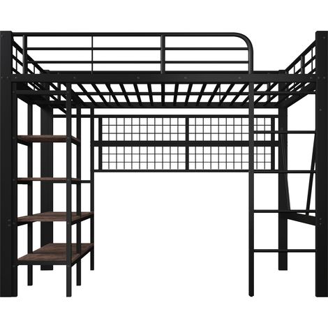 Letto a soppalco 140 x 200 cm in metallo e MDF, nero, con LED, contenitore e asta (1/5)