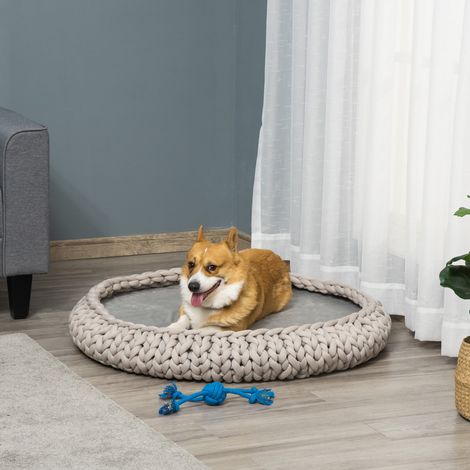Lit Rond pour Chiens et Chats avec Bords Relevés et Coussin, Lit Rembourré pour Chiens Effet Velours, Φ93x15cm, Gris (1/5)