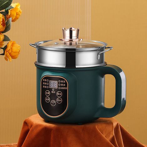 Minicocina eléctrica inteligente, 1,8 l, portátil, con temporizador, ABS/acero inoxidable, 600 W, revestimiento antiadherente, para pasta, sopas, salteados y huevos, color verde, incluye cesta vaporer (1/5)