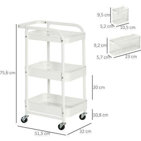Chariot avec tiroirs,étagère de cuisine à 3 étages sur roulettes pour cuisine et bureau,acier blanc 51,5x32x75,6 cm