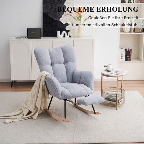 Fauteuil à bascule gris en tissu bouclette avec repose-pieds escamotable, fauteuil relaxation moderne (1/5)