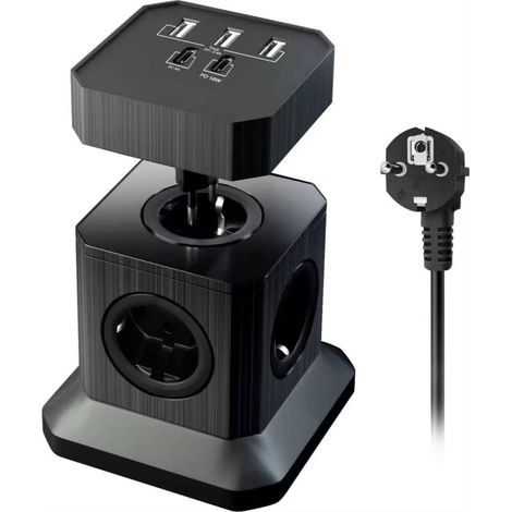 Regleta de enchufes (16 A/4000 W) con 4 enchufes franceses, 3 puertos USB y 2 puertos tipo C, protección contra sobretensiones con interruptor y cable de 2 m para casa, oficina y viajes (negro). (1/3)