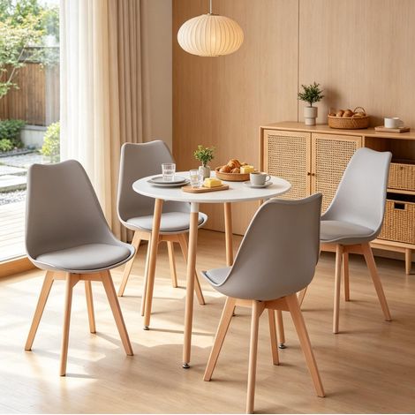 Conjunto de comedor redondo con mesa y 4 sillas de madera, plástico y polipiel OKWISH (1/5)