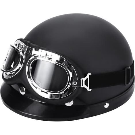 Casque de moto style rétro, taille 54-60 cm, avec visière solaire et lunettes de protection UV. Noir mat. (1/3)