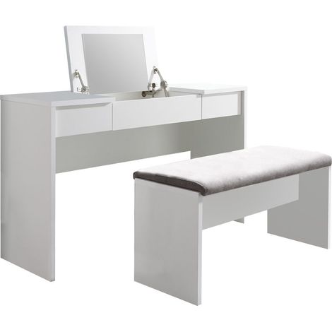 Coiffeuse laquée blanche 2 Tiroirs et miroir relevable avec banquette - LINDSEY (1/4)
