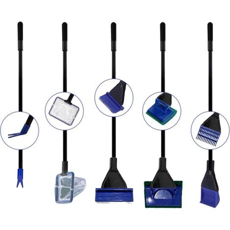 5-in-1 Aquarium-Reinigungsset, Aquarium-Reinigungszubehör für Fischtank, Algenschaber (Edelstahl), Kiesbürste, Schwammbürste, Wasserpflanzengabel (1/4)