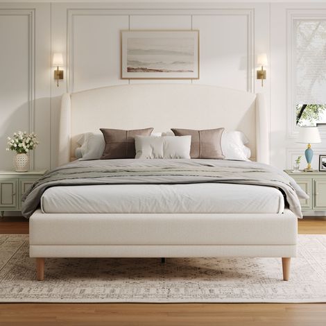 Lit capitonné 140×190 cm tissu bouclé oreilles design incurvé sommier lattes bois d'hévéa blanc ivoire lit adulte chambre à coucher (1/4)