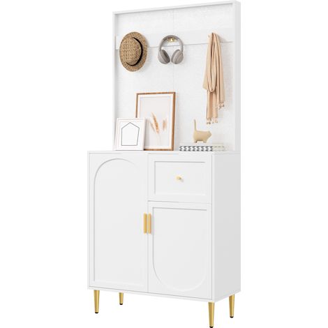 Garde-robe d’entrée compacte avec étagères réglables, portes soft-close, crochets pratiques, pieds métal doré et finition blanche, pour couloir moderne  CHICFURN (1/5)