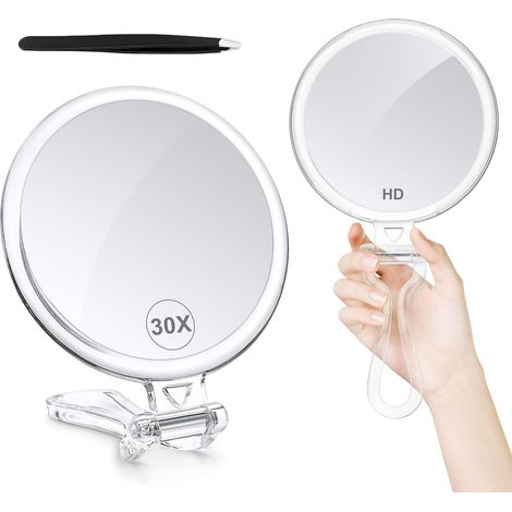 Miroir grossissant 30X de voyage avec manche, miroir à main double face grossissement 1X/30X pour le maquillage, miroir de table de voyage 5 pouces (1/5)