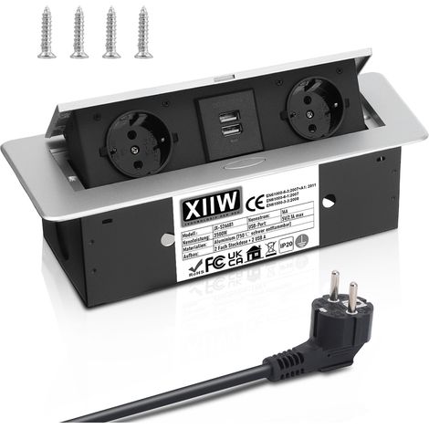 Prise encastrable escamotable en Aluminium - 3500 W/16 A - 2 Compartiments - Plateau de Table encastré avec 2 USB - Multiprise Electrique Plan de Travail, Cuisine, Bureau - Multiprise avec 1.8M câble (1/5)