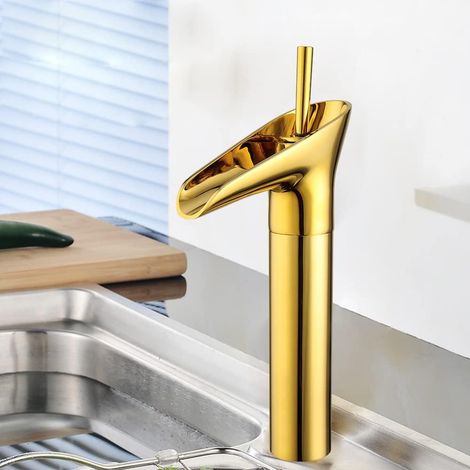 Mitigeur de lavabo, robinet haut pour salle de bain doré, robinet cascade avec outils et accessoires d'installation, mitigeur monocommande pour salle de bain et cuisine (1/5)