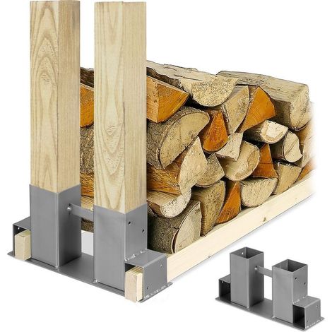 Relaxdays – Aide à l'empilage du bois de chauffage en lot de 2 – Acier poudré argenté – Dimensions H x L x P : 16 x 34 x 10 cm – 16 trous prépercés pour vissage