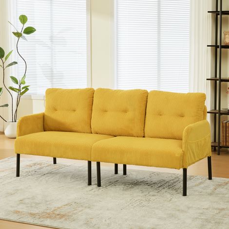 Divano dritto da 3 posti in velluto a coste (panno), schienale alto con tasca laterale e piedini a sedia in metallo, giallo, 171x72x80 cm (1/5)