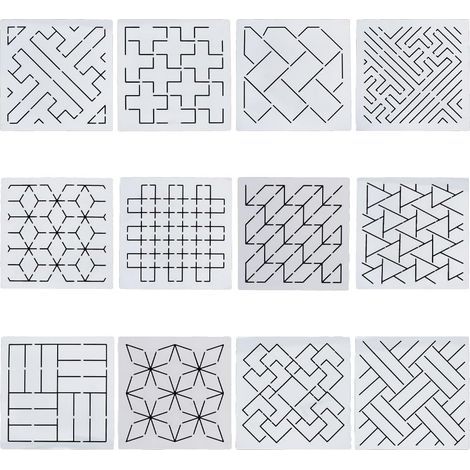 12 Schablonen, geometrische Sashiko-Muster, strapazierfähiger Kunststoff, 14 x 14 cm, Kunsthandwerk (1/5)