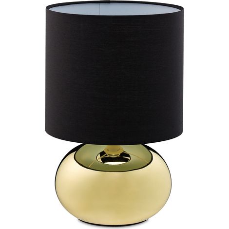 Relaxdays Tischlampe, Metallfuß & Stoffschirm, E14, HxD: 28x18 cm, Nachttischlampe mit Kabel, Schlafzimmer, gold/schwarz