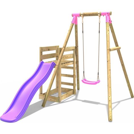 Rebo Wooden Swing Set plus Deck & Slide Solar Pink