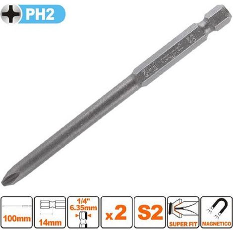 Trade Shop - KIT 2PEZO BITS DA 100MM GAMBO 1/4" 6.35MM S2MAGNETICA CROCE TESTA PH2 57247 - (1/2)