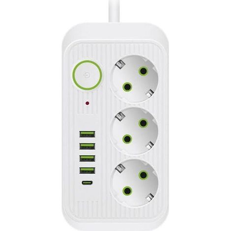 3-socket power strip with switch, 2-meter cable, surge and power outage protection (white) (1/5)