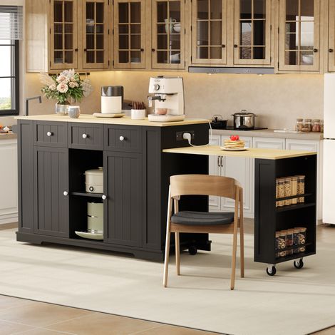Isola cucina 138x55x93 cm, tavolo estraibile fino a 213 cm, prese e USB, ripiani regolabili, MDF nero e naturale (1/5)