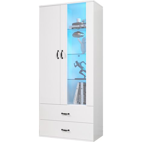 Vitrine LED blanche avec 2 portes, 5 compartiments, porte transparente en acrylique et étagères en verre, meuble de rangement moderne USB Bluetooth - CHICFURN (1/5)