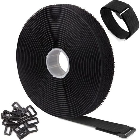 Sangles de Câble Réglables 5m x 2.5cm avec 25 Boucles, Attaches de Câble Réutilisables Noires, Sangle de Fixation Crochet et Boucle pour Gestion des Câbles (1/5)