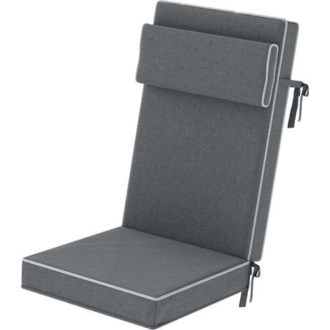 Coussin d'assise 120 x 47 x 9,5 cm, imperméable, avec attaches et appui-tête, protection UPF50+, pour chaise pliante ou chaise de salle à manger, gris foncé.