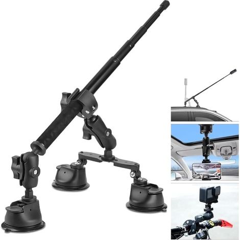 Kit de fixation pour voiture à triple ventouse, compatible avec les caméras d'action Insta360, GoPro et Akaso, ainsi qu'avec les perches à selfie de 112 cm. Fixation à triple ventouse pour pare-brise