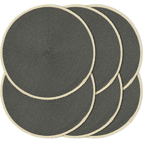 Juego de manteles individuales sencillos tejidos, 6 piezas, redondos, decorativos y antideslizantes, gris oscuro, 38 cm de diámetro.