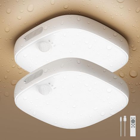 Plafonnier LED Avec Détecteur De Mouvement, Lampe De Douche IP65 Étanche, Lampe De Salle De Bain Rechargeable, Plafonnier Sans Fil Avec Couleurs RGB, Télécommande, Lot De 2 (1/5)