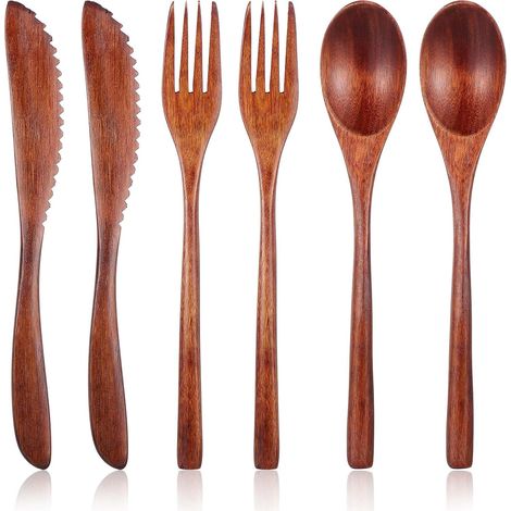 6 pièces Ensemble de couverts en bois, cuillères, fourchettes et grattoirs en bois, ensemble de couverts réutilisables, pour un usage quotidien à la maison, en voyage et en camping (1/5)