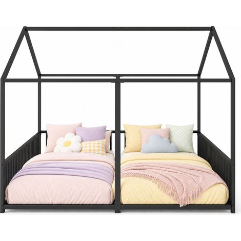 Cama litera infantil 90x200 cm en metal negro, con forma de casa, barandilla y escalera, sin colchón, para dos niños, resistente y estable  CHICFURN (1/5)