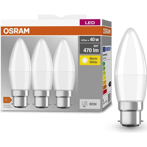 OSRAM Lampada LED BASE CLASSIC B 40 FR con attacco B22d, candela, confezione tripla, 4.9W, 470lm, 2700K, luce bianca calda, bassa emissione di calore, consumo energetico molto basso, lunga durata