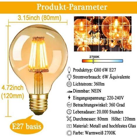 Vintage E27 G80 6W warmweiße LED-Lampe mit antikem Glühfaden für nostalgische Retro-Beleuchtung in Zuhause, Café oder Bar – 3er-Pack (1/3)