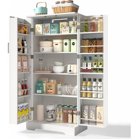 Armario de cocina con 2 Puertas, 5 Niveles, Estantes Ajustables y Luz LED con Sensor, MDF, Blanco, 60×35×128 cm (1/5)