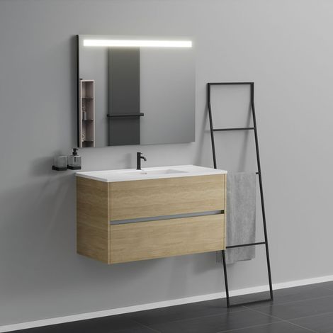 Inda - Badezimmerschrank 2 Schubladen L.100 mit beleuchtetem Spiegelwaschbecken - Natureiche
