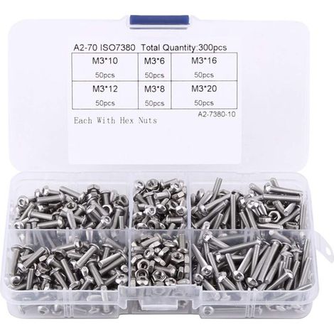 Vis à tête cylindrique à six pans creux Zoternen M3, 300 pièces M36/8/10/12/16/20, assortiment de vis à tête cylindrique à six pans creux en acier inoxydable 304 pour machine à fixer le bois avec écro (1/5)
