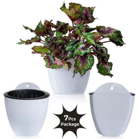 Jardinières Suspendues à Arrosage Automatique Lot de 7 Deco Mural Pot de Fleur Interieur, Exterieur Decoration Murale Fenêtre Blanc Plastique, Grande, 18 cm, (1/3)