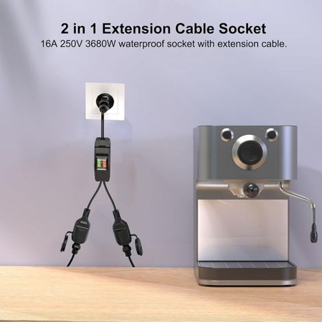 Câble d’extension 2 prises, prises étanches IP44 pour une utilisation en intérieur et en extérieur, prise double 3680W avec interrupteur individuel 250V/16A pour la maison,le bureau et une utilisation (1/4)