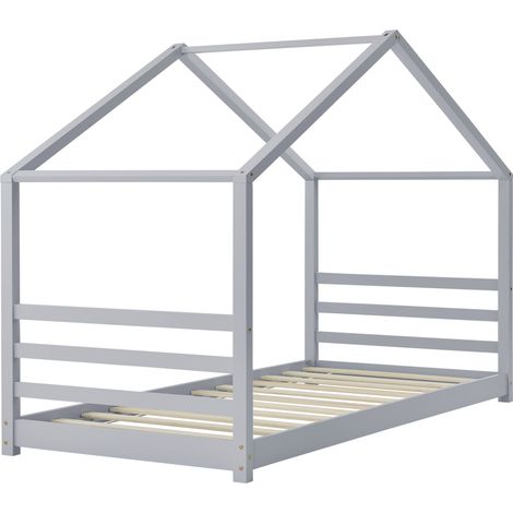 Lit pour enfant cabane maison avec sommier à lattes bois de pin gris 90 x 200 cm 030005506