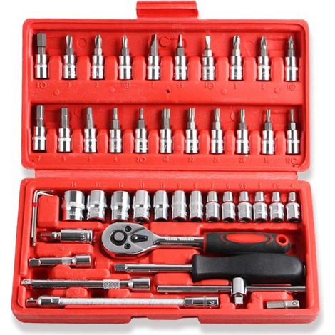 Lot de 46 douilles et embouts de vissage 1/4" avec clé à cliquet réversible, barre d'extension et étui de rangement en chrome vanadium (1/5)