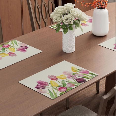 Ensemble de sets de table en tissu rose tulipe et feuille d'érable, 30 x 45 cm, pour le printemps et l'été, idéal pour les fêtes, la maison et la salle à manger. Décoration de table colorée. (1/4)