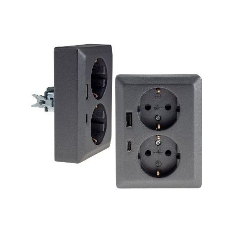 MILOS Schutzkontakt-Steckdose 2-fach Doppel Steckdose 1 auf 2 Unterputz Einbau in einer UP-Dose 250V/16A mit USB-A USB-C PD Anthrazit
