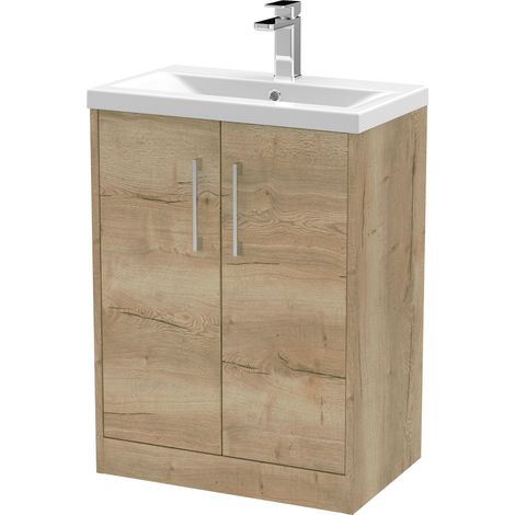 Winshill Contemporary 2 Door Floor Standing Vanity Unit with Mid-Edge Basin, Light Oak, 600mm