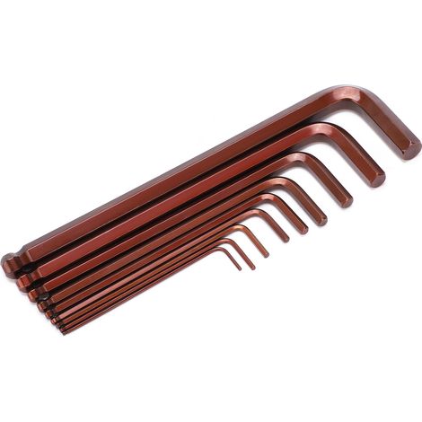 Kit d'outils manuels pour le serrage de vis à tête sphérique, comprenant 9 clés hexagonales en acier allié à bras long (réf. 0619, métrique). (1/5)