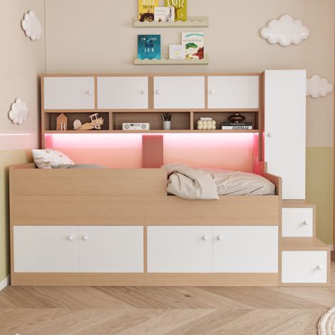 Lit enfant bois 90x200 cm avec rangement, niches, armoire et échelle facile, éclairage LED, barrière de sécurité, couleur bois