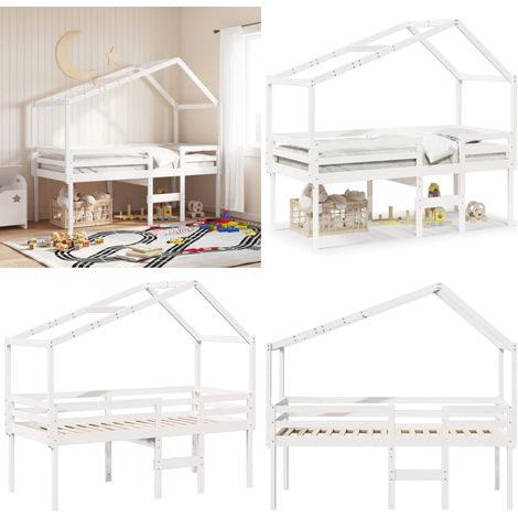Hochbett mit Dach Weiß 90x200 cm Massivholz Kiefer - Kinderbett - Hochbett - Holzbett - Kiefernholzbett - Weißes Bett - Home & Living