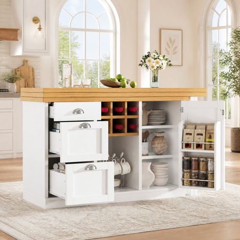 Îlot de cuisine extensible 120-197x40x74 cm en MDF blanc, avec rangement pour cuisine FloraGrace (1/5)